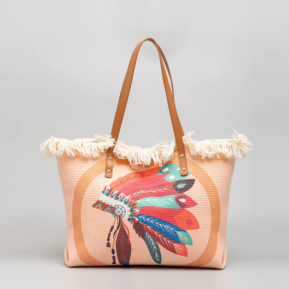 Bohemian Ethnic Style Tassel Printed Canvas Commuter Shoulder Bag Large Capacity Women Bag Sehe Fashion