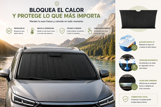 1551 Parasol universal eléctrico auto retráctil para coche: de aluminio negro con tecnología de bloqueo automático del calor.