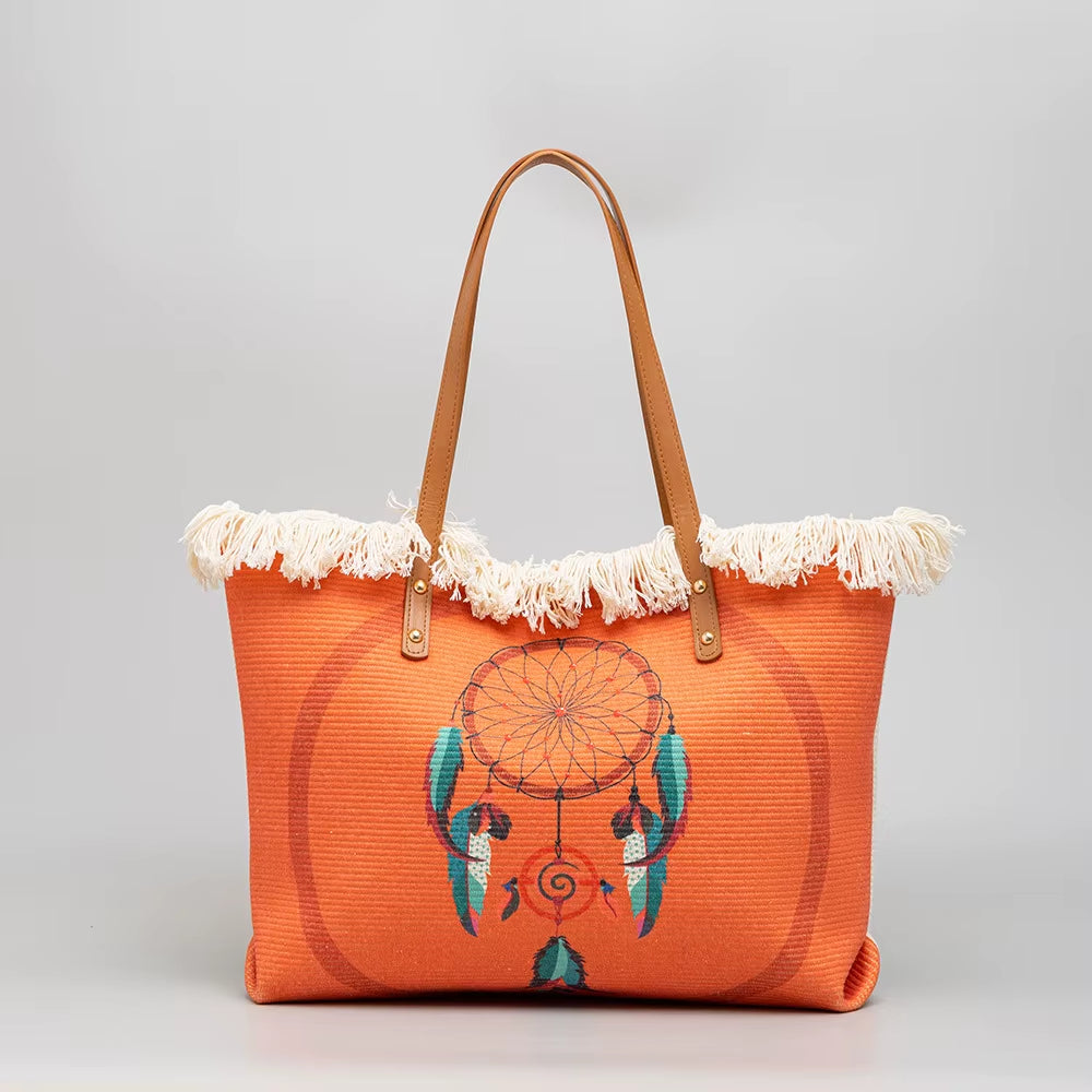 Bohemian Ethnic Style Tassel Printed Canvas Commuter Shoulder Bag Large Capacity Women Bag Sehe Fashion