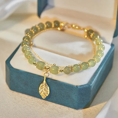 Gold Color for Women'S Hetian Jade Bracelet Leaves Double Layer Jewelry Girls Gifts Dropshipping