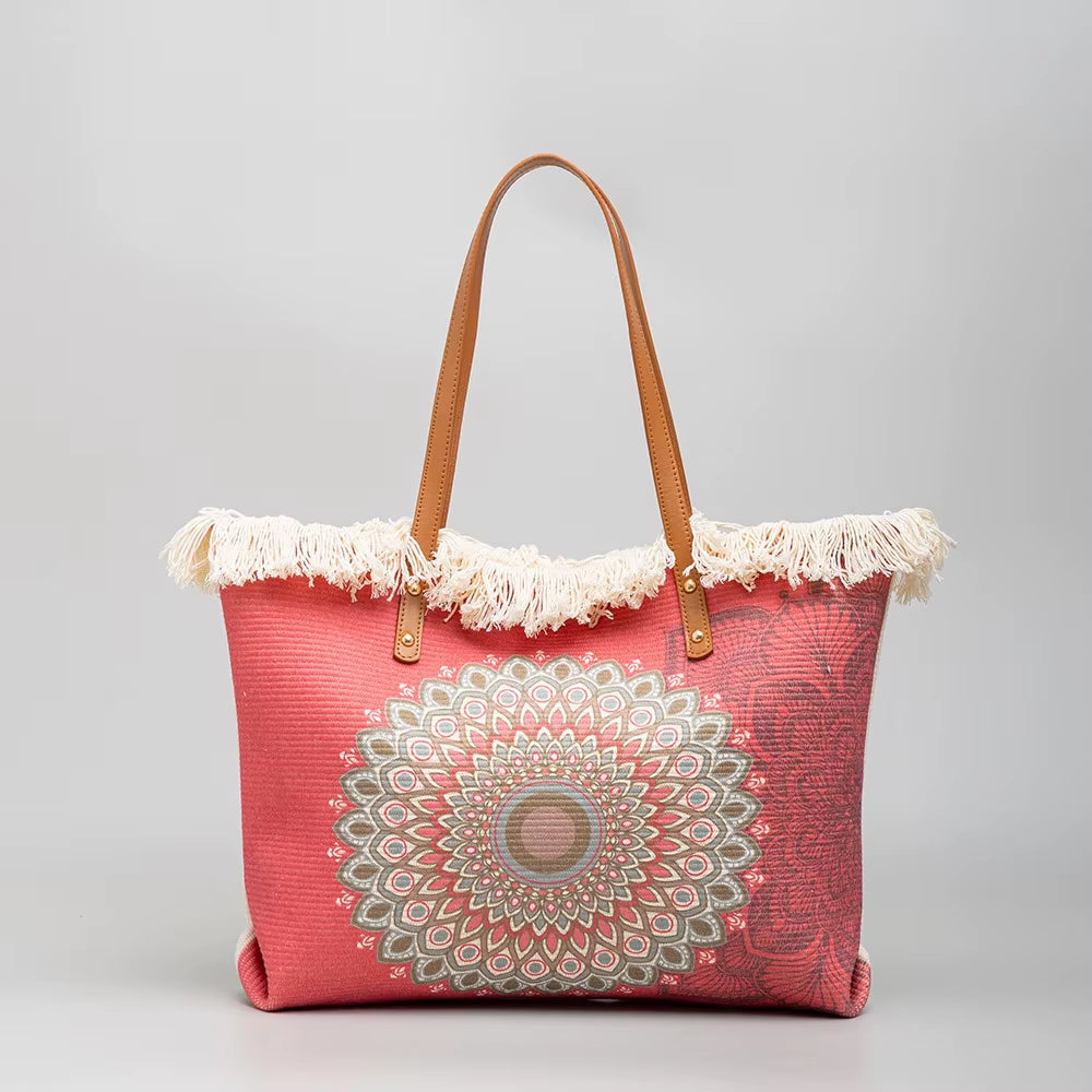 Bohemian Ethnic Style Tassel Printed Canvas Commuter Shoulder Bag Large Capacity Women Bag Sehe Fashion