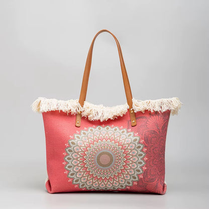 Bohemian Ethnic Style Tassel Printed Canvas Commuter Shoulder Bag Large Capacity Women Bag Sehe Fashion