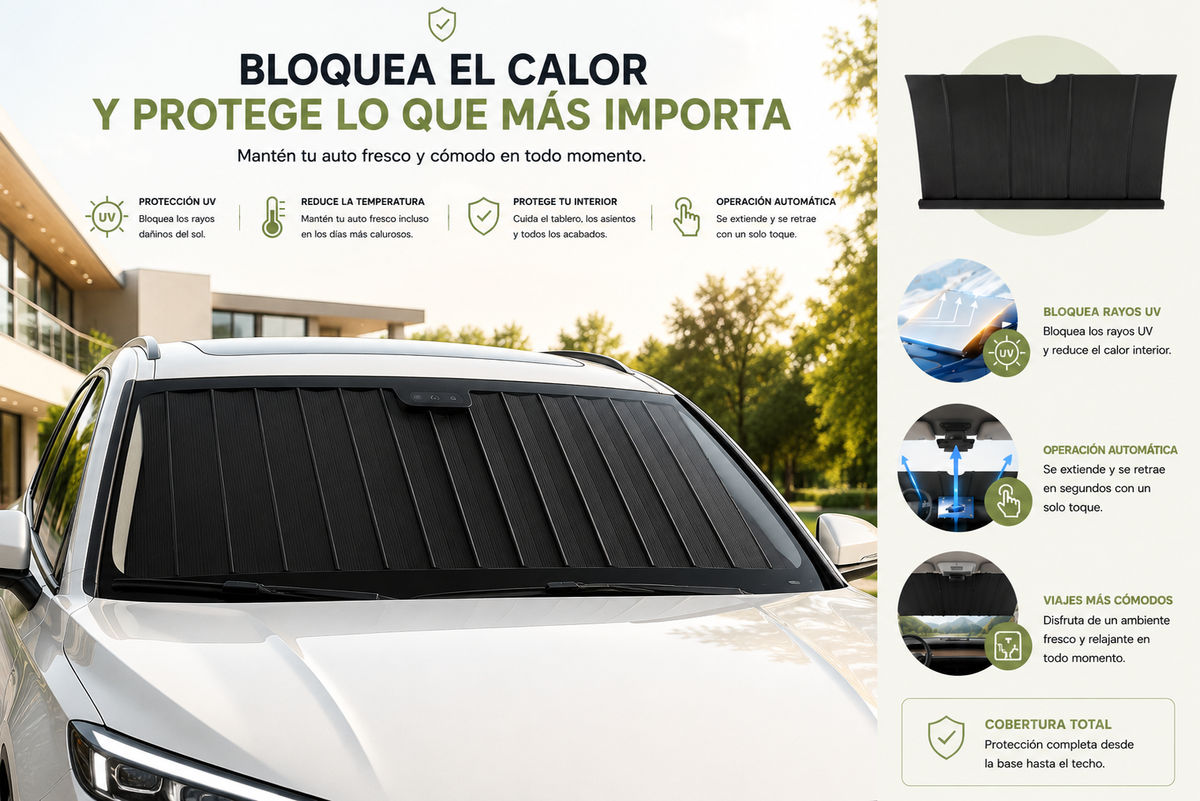 1551 Parasol universal eléctrico auto retráctil para coche: de aluminio negro con tecnología de bloqueo automático del calor.
