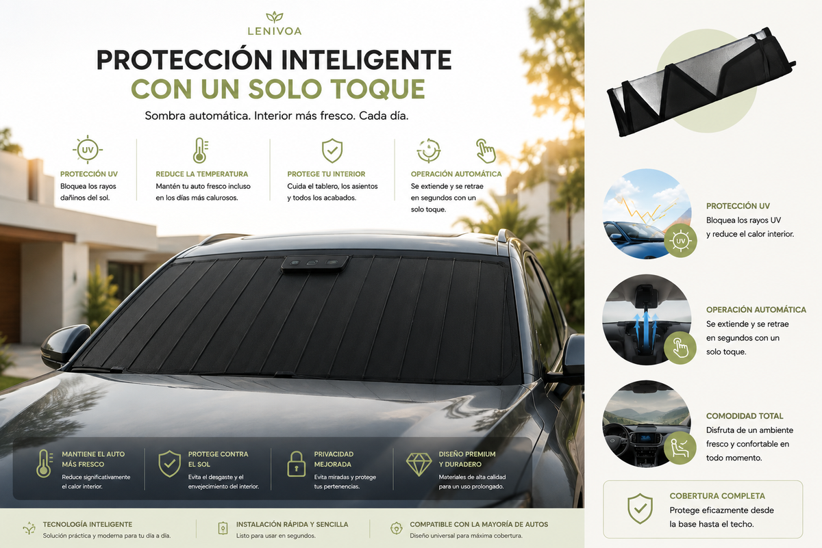 1551 Parasol universal eléctrico auto retráctil para coche: de aluminio negro con tecnología de bloqueo automático del calor.