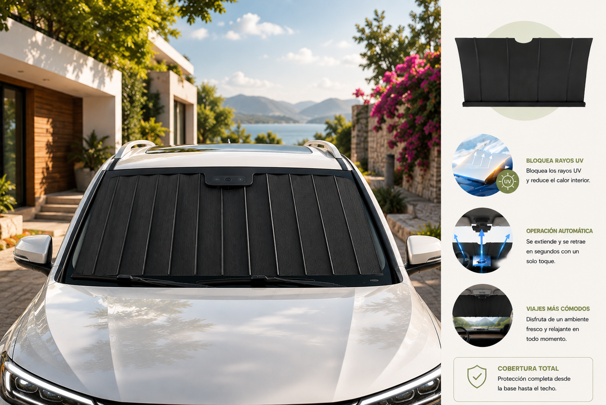 1551 Parasol universal eléctrico auto retráctil para coche: de aluminio negro con tecnología de bloqueo automático del calor.