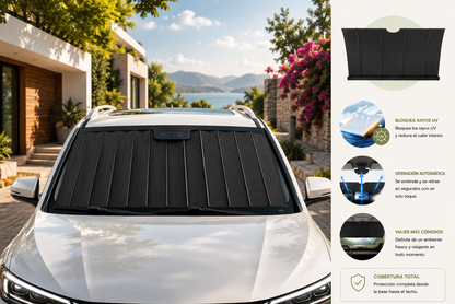 1551 Parasol universal eléctrico auto retráctil para coche: de aluminio negro con tecnología de bloqueo automático del calor.
