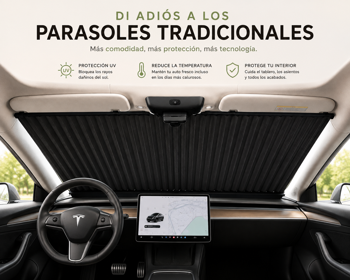 1551 Parasol universal eléctrico auto retráctil para coche: de aluminio negro con tecnología de bloqueo automático del calor.