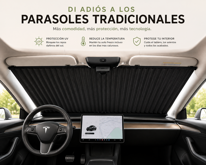 1551 Parasol universal eléctrico auto retráctil para coche: de aluminio negro con tecnología de bloqueo automático del calor.