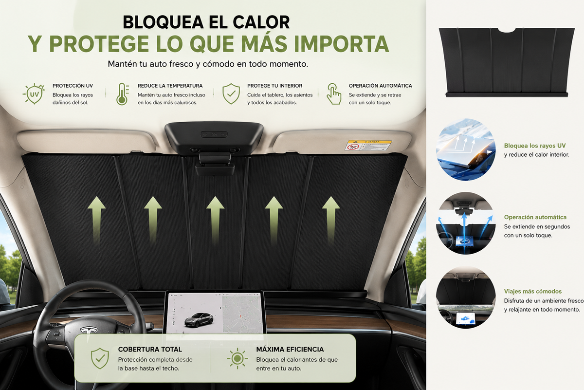 1551 Parasol universal eléctrico auto retráctil para coche: de aluminio negro con tecnología de bloqueo automático del calor.