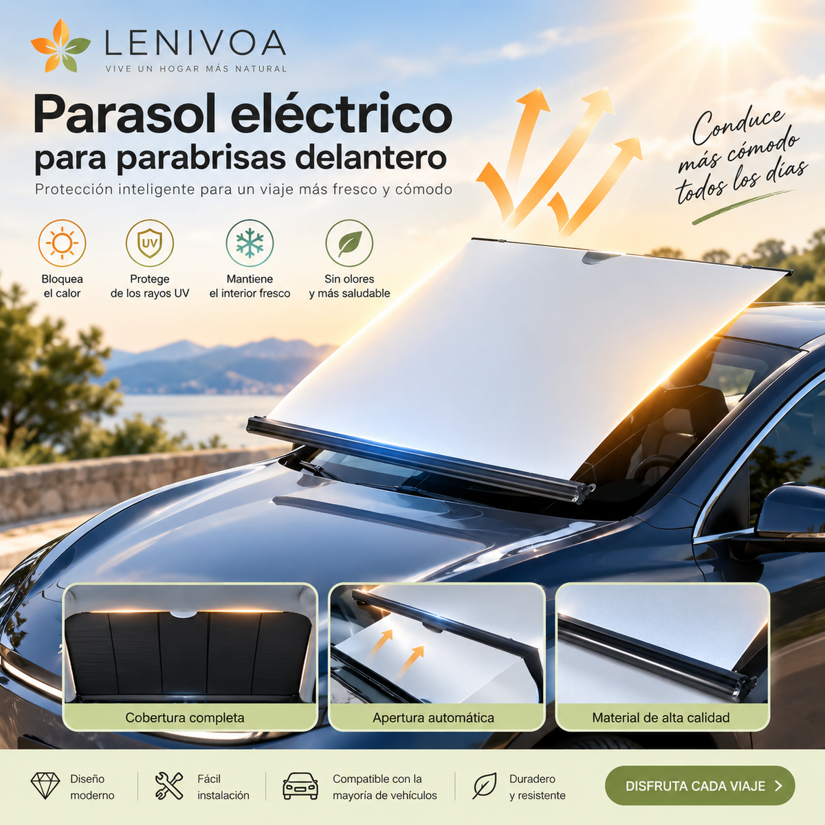 16516 Parasol retráctil eléctrico inteligente para parabrisas: visera frontal con elevación automática de un solo toque, aislamiento térmico y protección UV (universal).