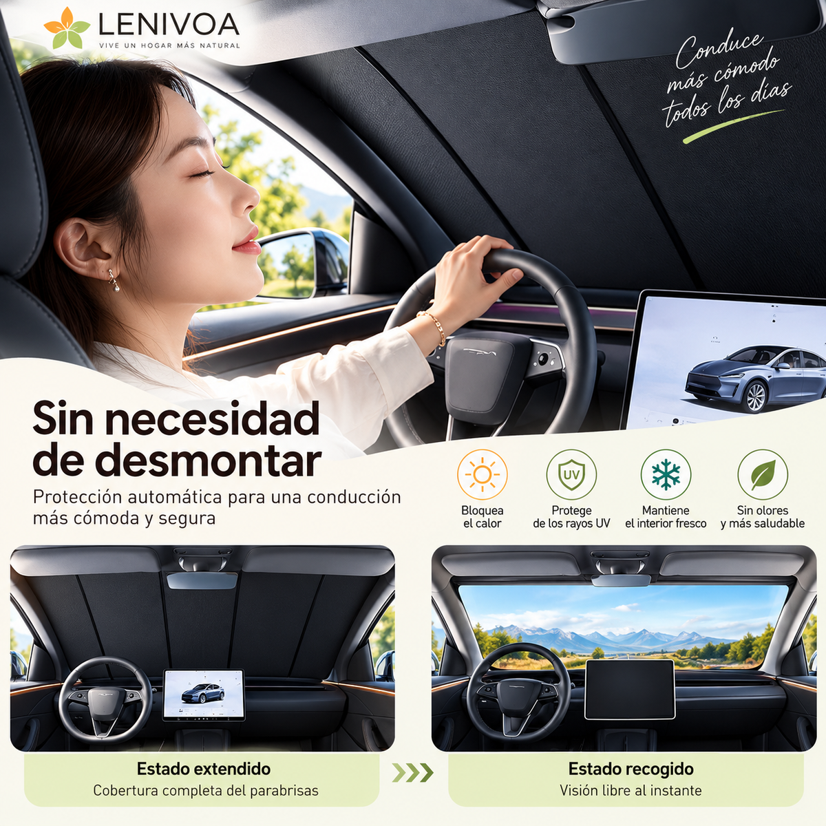 16516 Parasol retráctil eléctrico inteligente para parabrisas: visera frontal con elevación automática de un solo toque, aislamiento térmico y protección UV (universal).