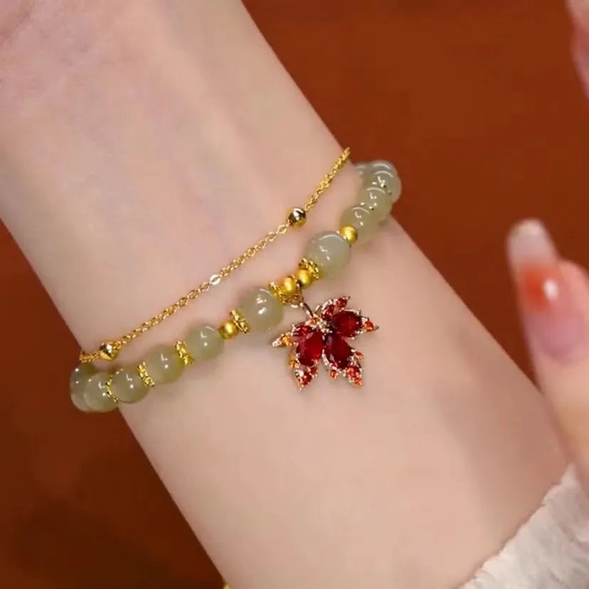 Gold Color for Women'S Hetian Jade Bracelet Leaves Double Layer Jewelry Girls Gifts Dropshipping