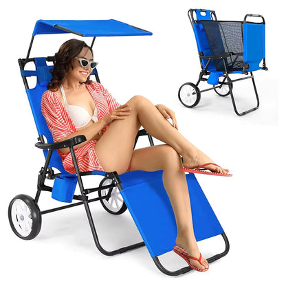 Bestex High Quality Aluminum Portable Camping Beach Chair Cart with Sun Canopy Parasol Folding Summer Beach Chair with Wheels
