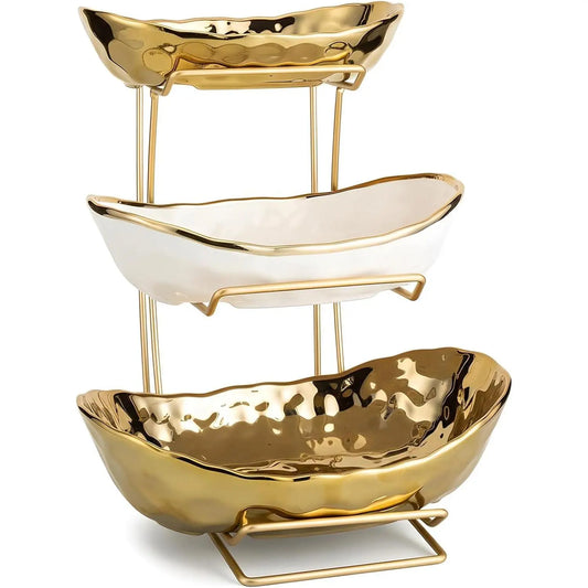 3-Tier Gold Fruit Bowl & Tray with Metal Stand - Ceramic White, Triple Layer for Snacks, Nuts, Bread & Candy Storage