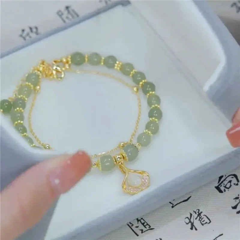 Gold Color for Women'S Hetian Jade Bracelet Leaves Double Layer Jewelry Girls Gifts Dropshipping