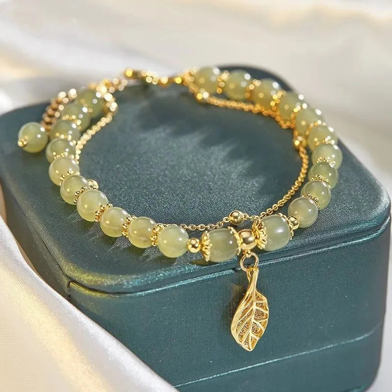 Gold Color for Women'S Hetian Jade Bracelet Leaves Double Layer Jewelry Girls Gifts Dropshipping