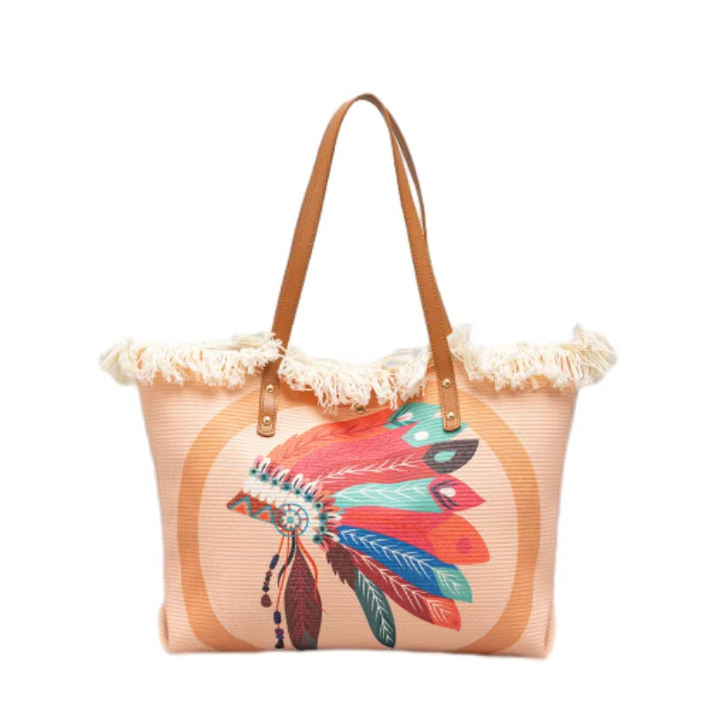 Bohemian Ethnic Style Tassel Printed Canvas Commuter Shoulder Bag Large Capacity Women Bag Sehe Fashion