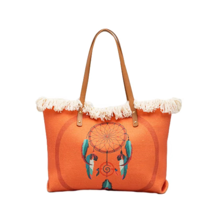 Bohemian Ethnic Style Tassel Printed Canvas Commuter Shoulder Bag Large Capacity Women Bag Sehe Fashion