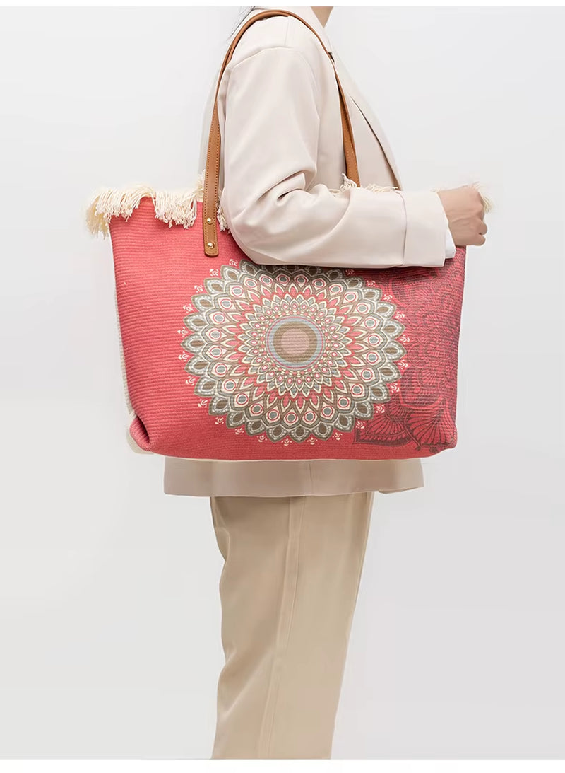 Bohemian Ethnic Style Tassel Printed Canvas Commuter Shoulder Bag Large Capacity Women Bag Sehe Fashion