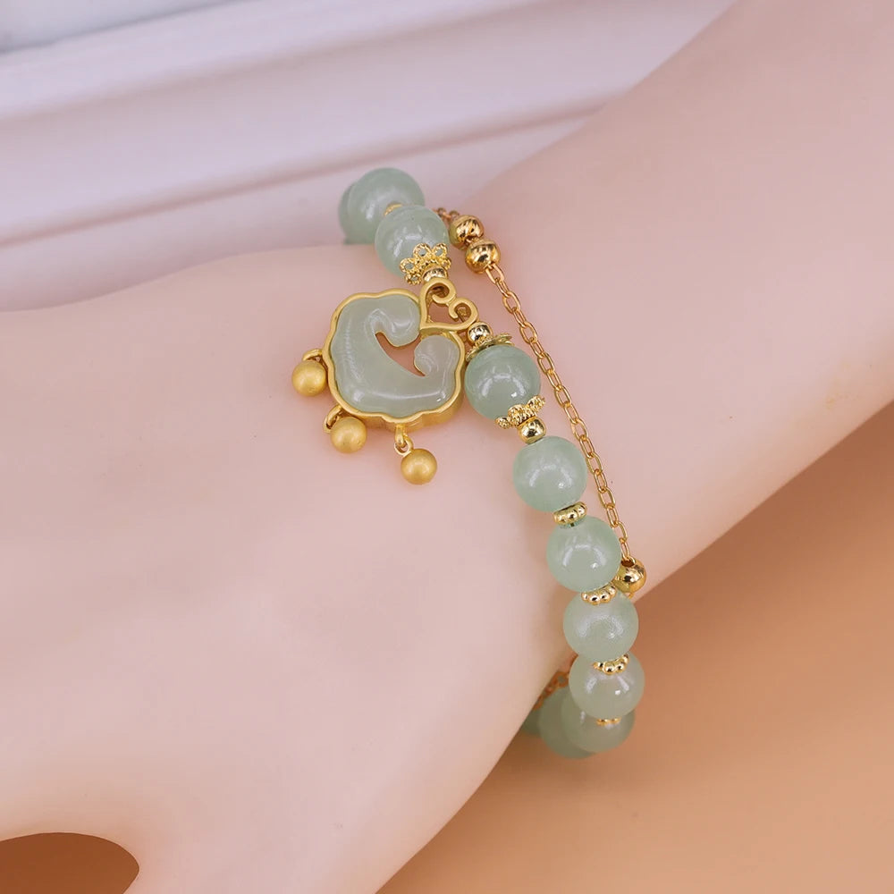 Gold Color for Women'S Hetian Jade Bracelet Leaves Double Layer Jewelry Girls Gifts Dropshipping
