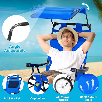 Bestex High Quality Aluminum Portable Camping Beach Chair Cart with Sun Canopy Parasol Folding Summer Beach Chair with Wheels