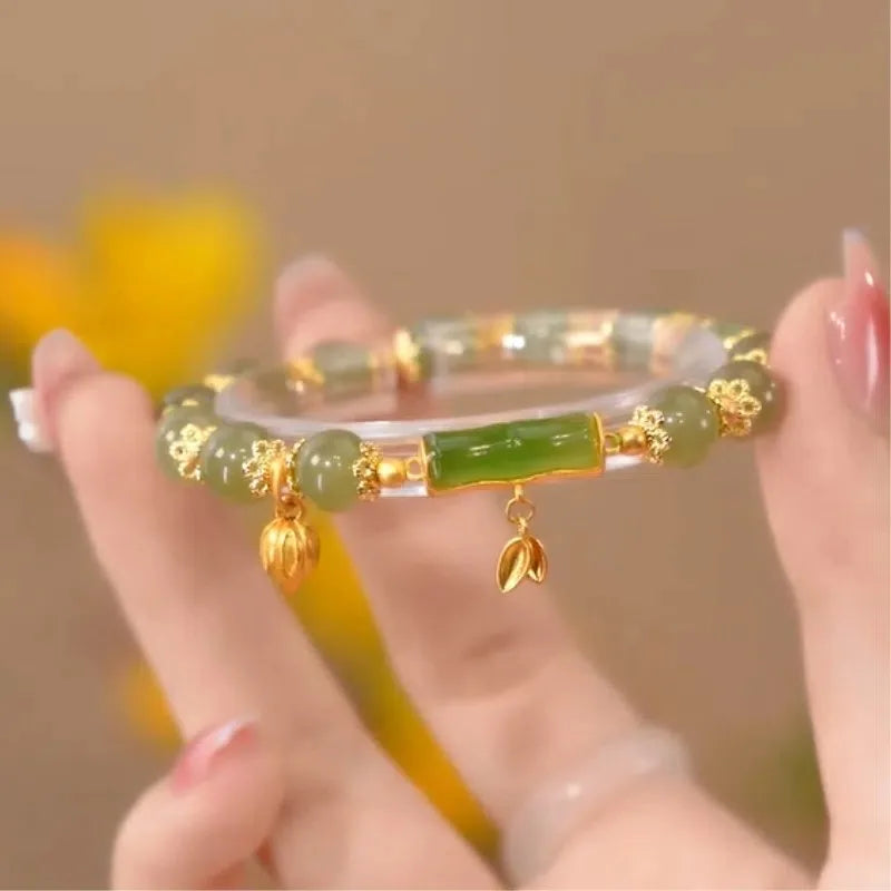 Gold Color for Women'S Hetian Jade Bracelet Leaves Double Layer Jewelry Girls Gifts Dropshipping