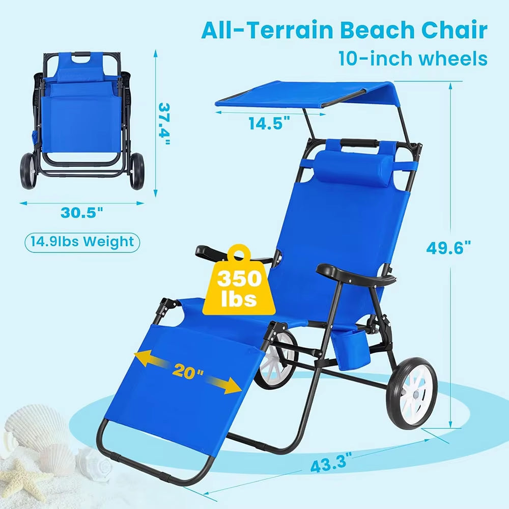 Bestex High Quality Aluminum Portable Camping Beach Chair Cart with Sun Canopy Parasol Folding Summer Beach Chair with Wheels