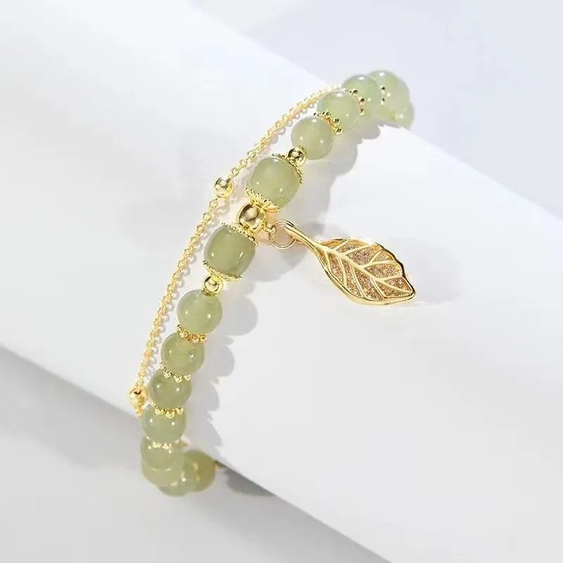 Gold Color for Women'S Hetian Jade Bracelet Leaves Double Layer Jewelry Girls Gifts Dropshipping