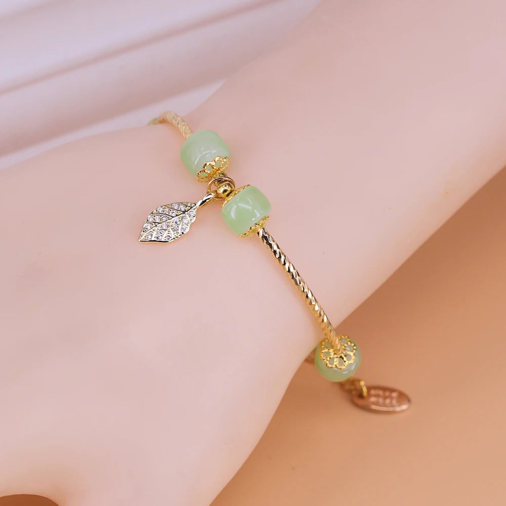 Gold Color for Women'S Hetian Jade Bracelet Leaves Double Layer Jewelry Girls Gifts Dropshipping