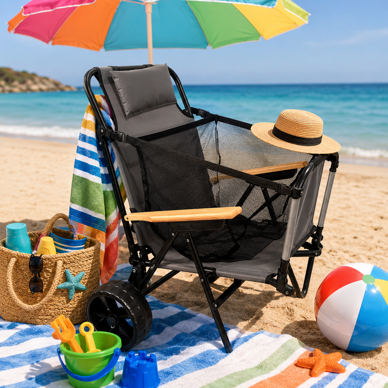 Portable Iron Camping Beach Chair Cart with Sun Canopy Parasol Folding Wheels for Bedroom & Dining