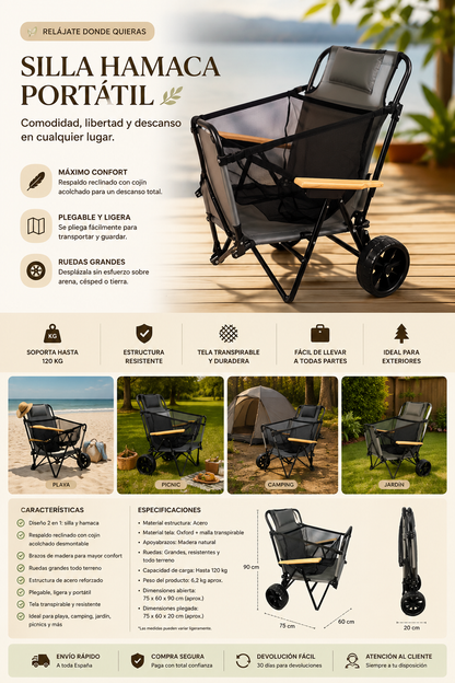 Portable Iron Camping Beach Chair Cart with Sun Canopy Parasol Folding Wheels for Bedroom & Dining