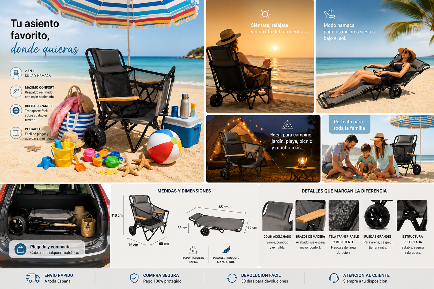 Portable Iron Camping Beach Chair Cart with Sun Canopy Parasol Folding Wheels for Bedroom & Dining