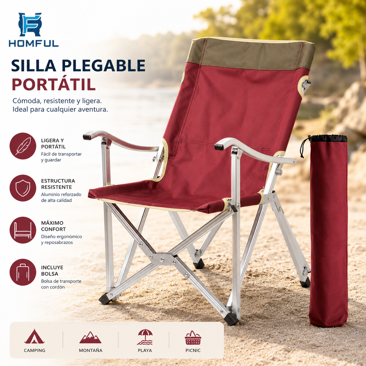 HOMFUL Silla plegable portátil de aluminio para camping y playa