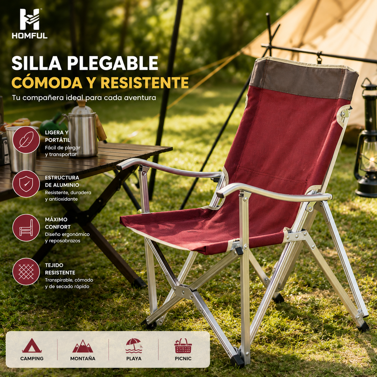 HOMFUL Silla plegable portátil de aluminio para camping y playa