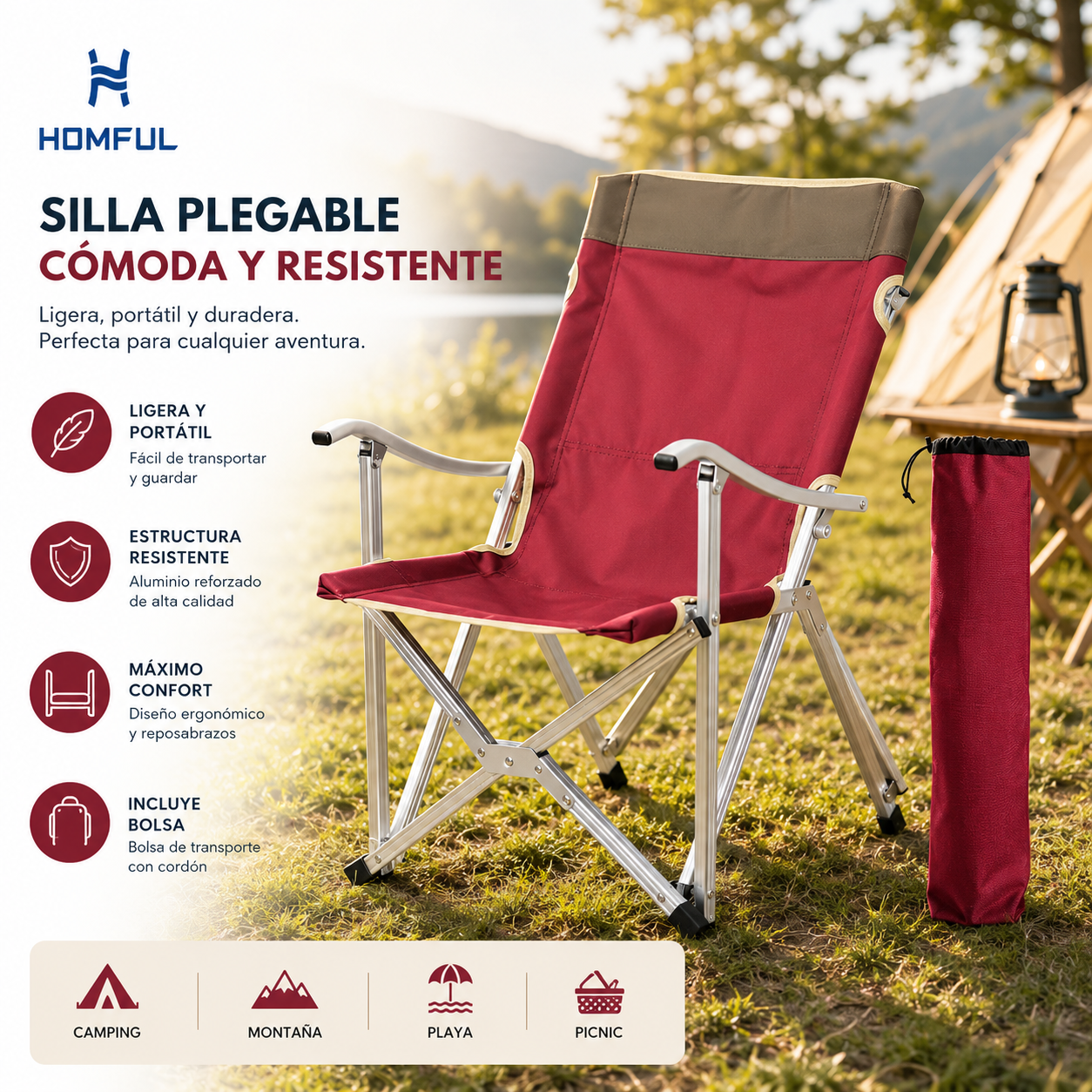 HOMFUL Silla plegable portátil de aluminio para camping y playa