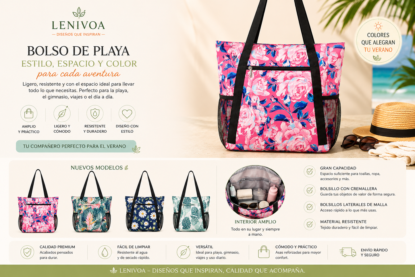Bolso de Playa Grande con Cremallera – 25 Diseños Disponibles
