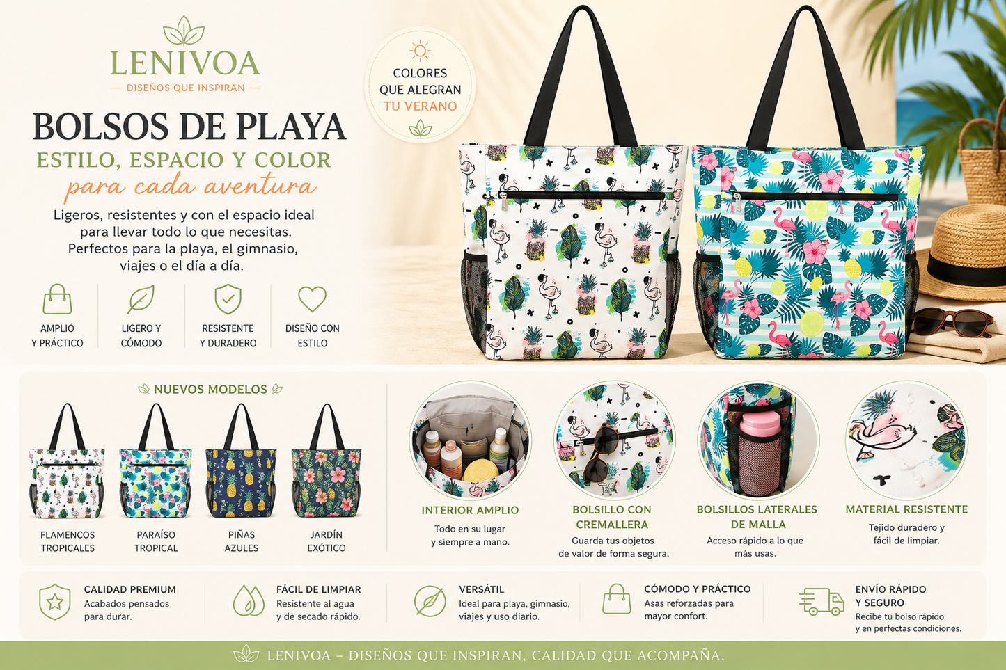 Bolso de Playa Grande con Cremallera – 25 Diseños Disponibles