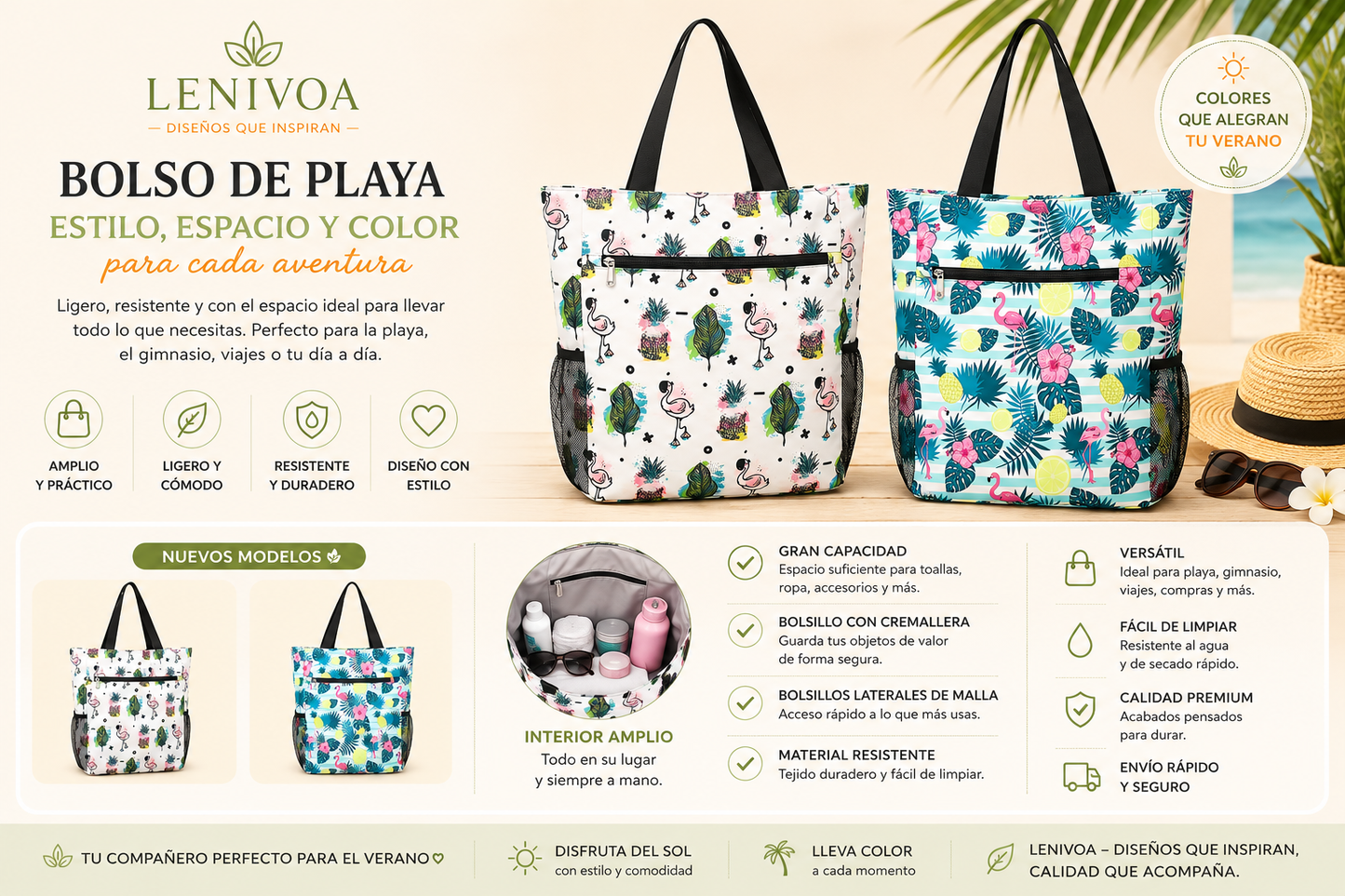 Bolso de Playa Grande con Cremallera – 25 Diseños Disponibles