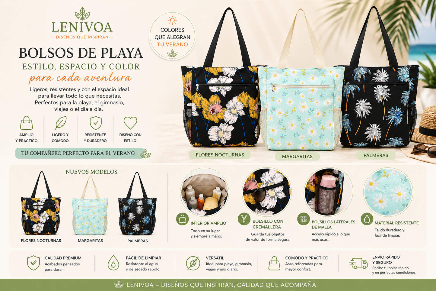Bolso de Playa Grande con Cremallera – 25 Diseños Disponibles