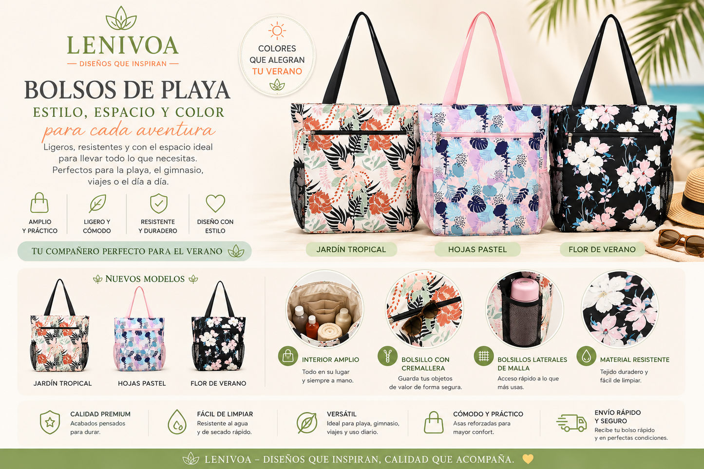 Bolso de Playa Grande con Cremallera – 25 Diseños Disponibles