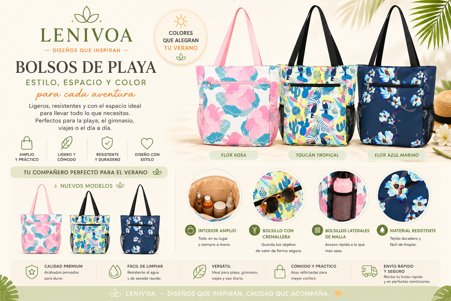 Bolso de Playa Grande con Cremallera – 25 Diseños Disponibles