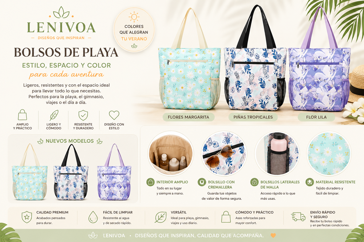 Bolso de Playa Grande con Cremallera – 25 Diseños Disponibles