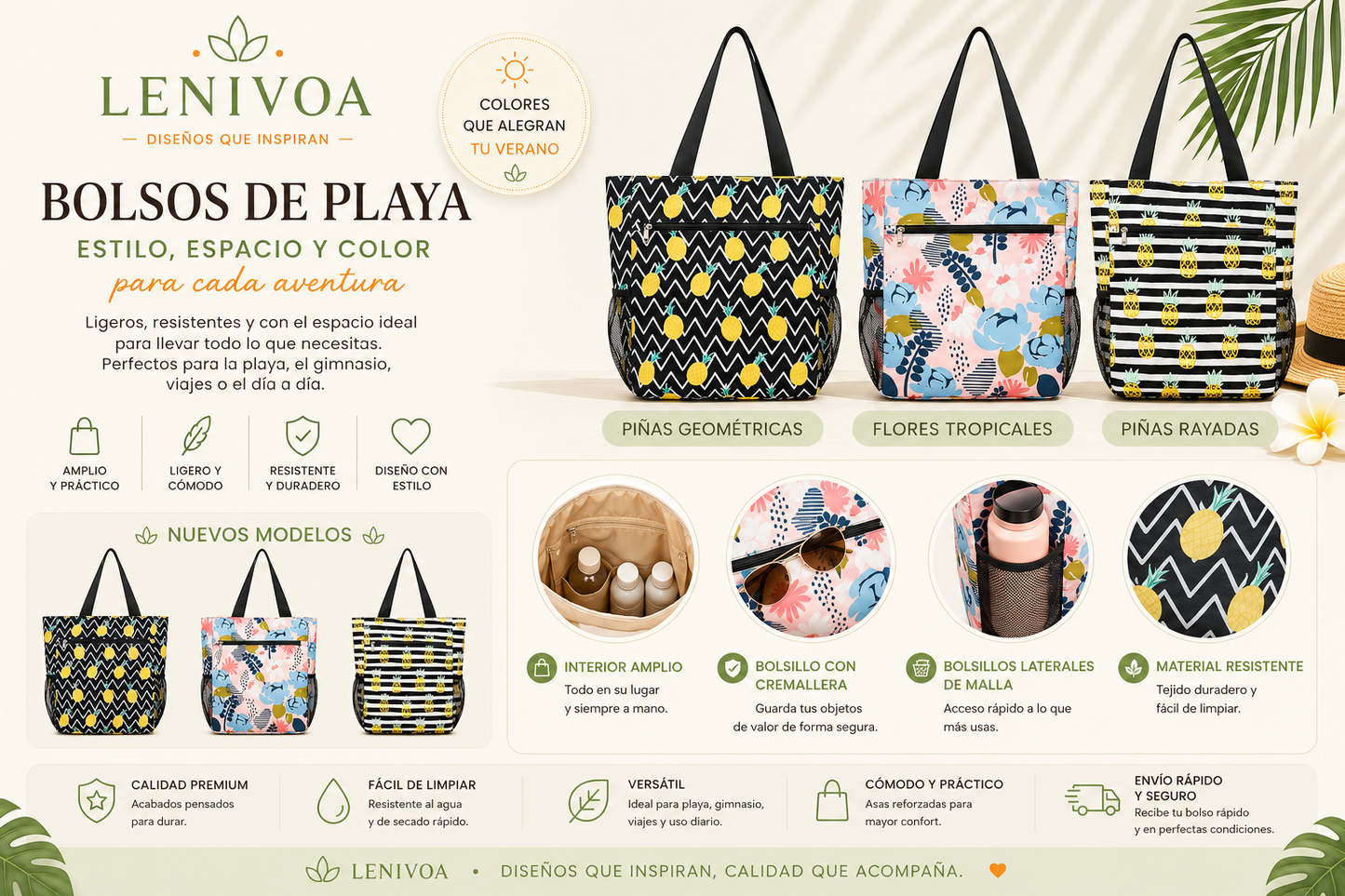 Bolso de Playa Grande con Cremallera – 25 Diseños Disponibles
