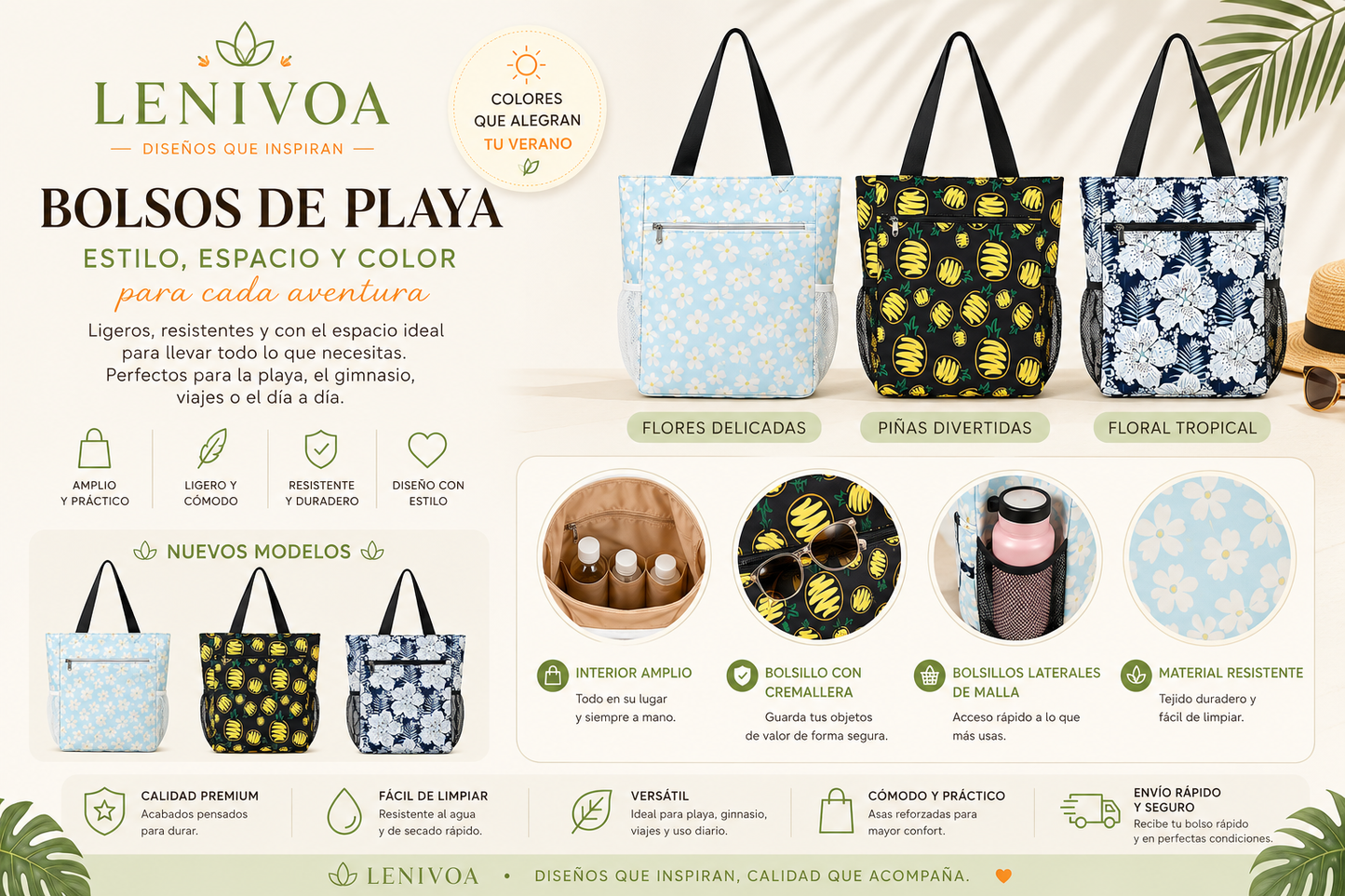 Bolso de Playa Grande con Cremallera – 25 Diseños Disponibles