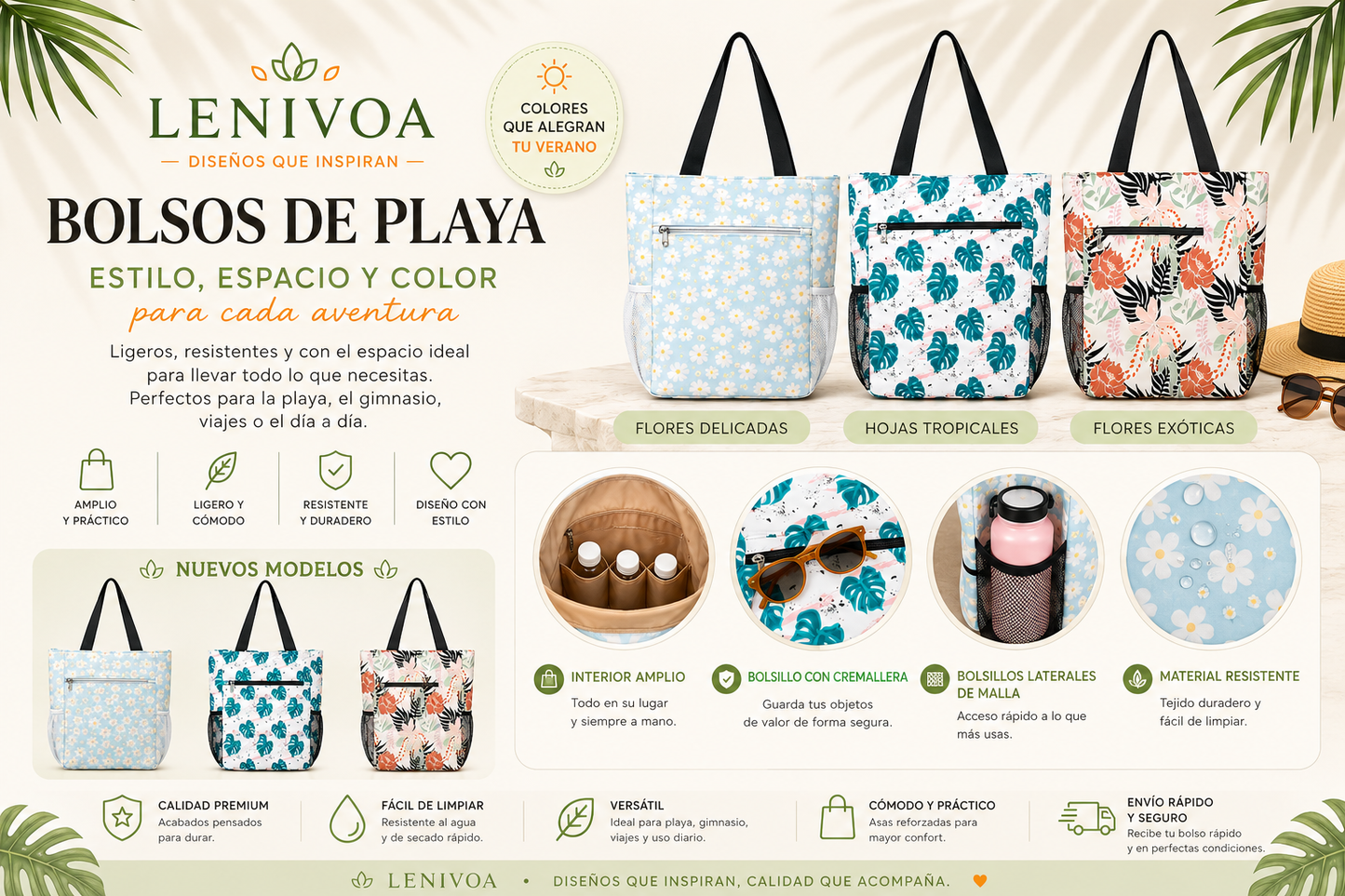 Bolso de Playa Grande con Cremallera – 25 Diseños Disponibles