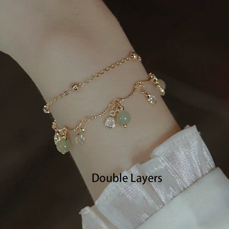 Gold Color for Women'S Hetian Jade Bracelet Leaves Double Layer Jewelry Girls Gifts Dropshipping