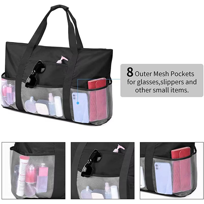 Custom Large Black Oversized Foldable Shopping Net Mesh Beach Bag for Summer Towel Toys Storage Travel Sac De Plage