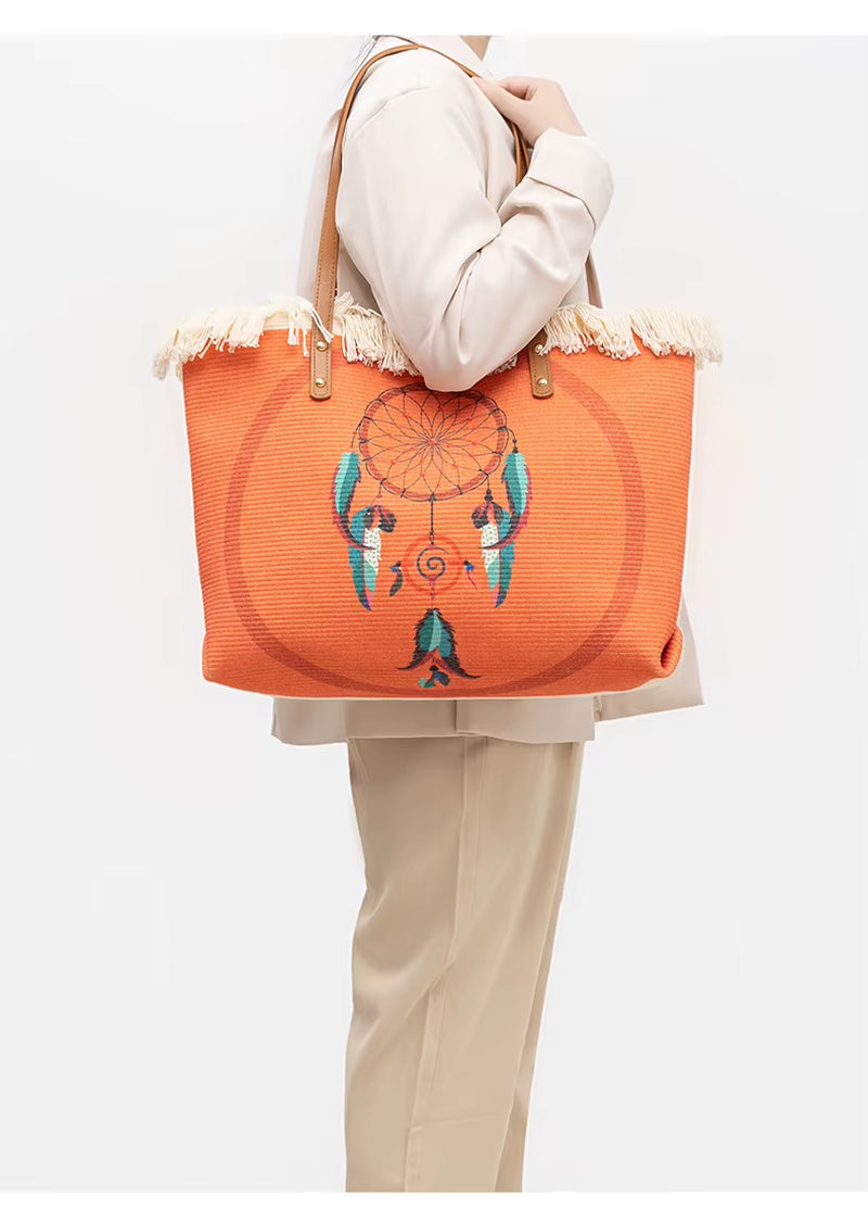 Bohemian Ethnic Style Tassel Printed Canvas Commuter Shoulder Bag Large Capacity Women Bag Sehe Fashion