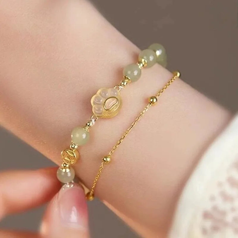 Gold Color for Women'S Hetian Jade Bracelet Leaves Double Layer Jewelry Girls Gifts Dropshipping