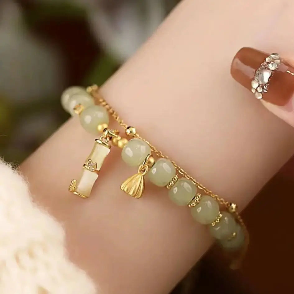 Gold Color for Women'S Hetian Jade Bracelet Leaves Double Layer Jewelry Girls Gifts Dropshipping